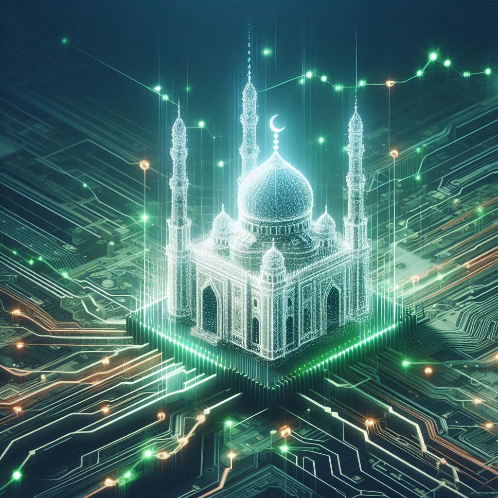 Digital glowing network forming a mosque silhouette — symbol of participative fintech and AI-driven finance