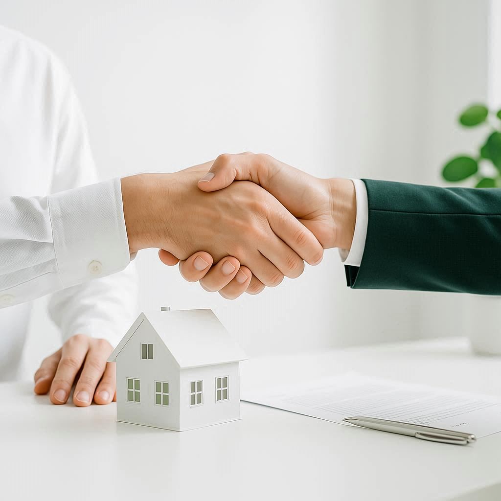 Two professionals shaking hands over house model — symbol of ethical finance and partnership