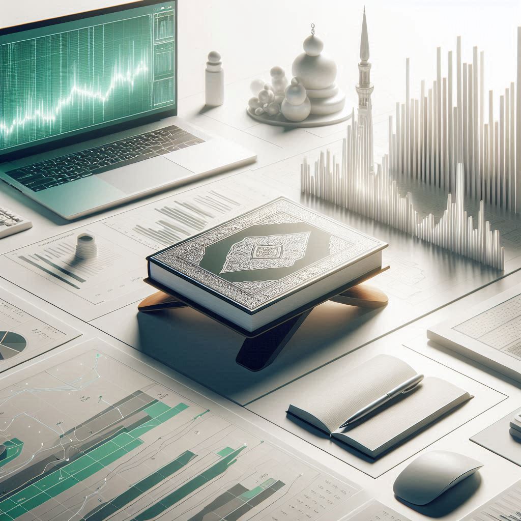 Open Quran on office desk with financial charts in background — symbol of participative finance and ethics